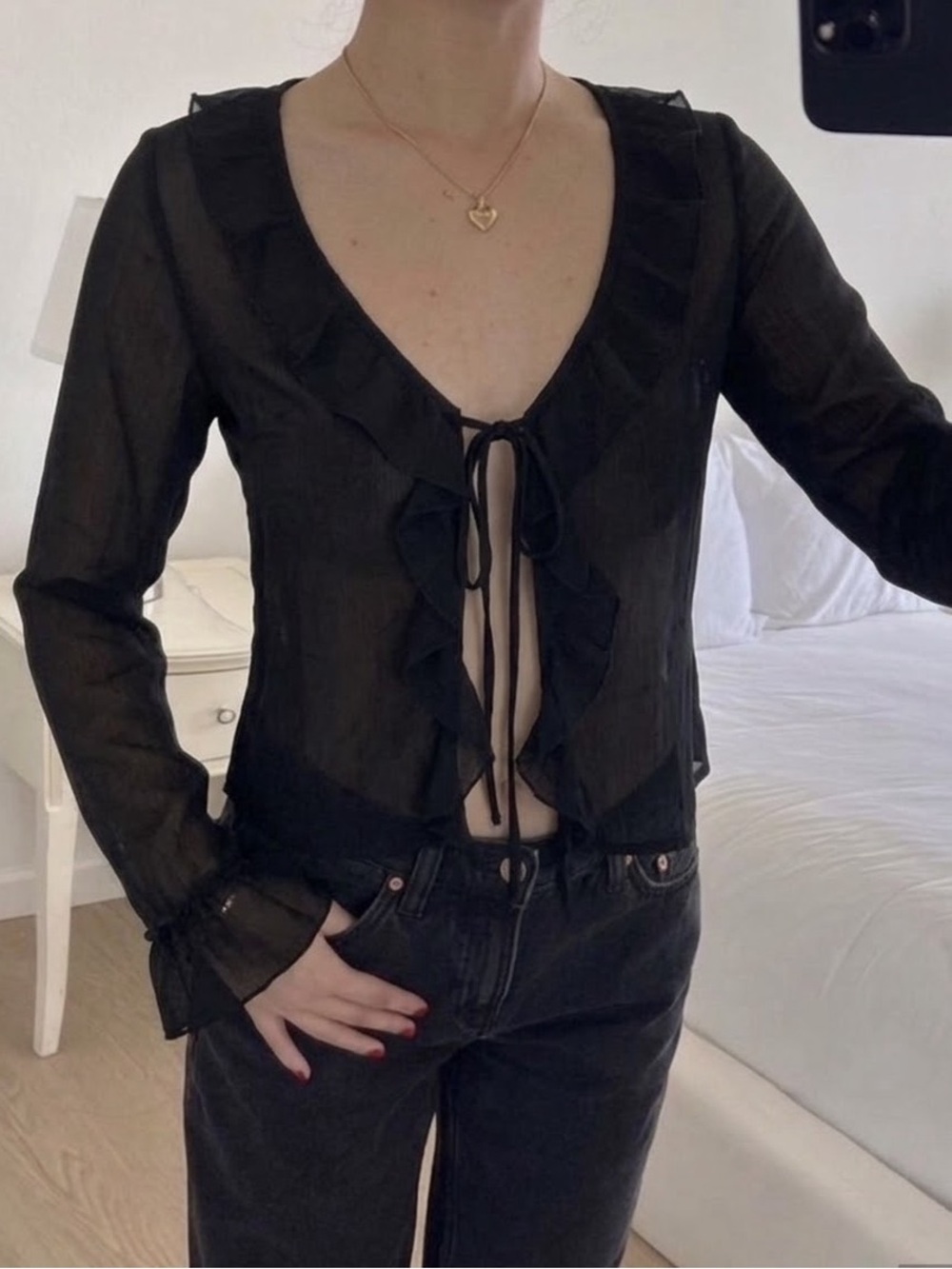 H&M Black Ruffle Tie-Front Sheer Blouse